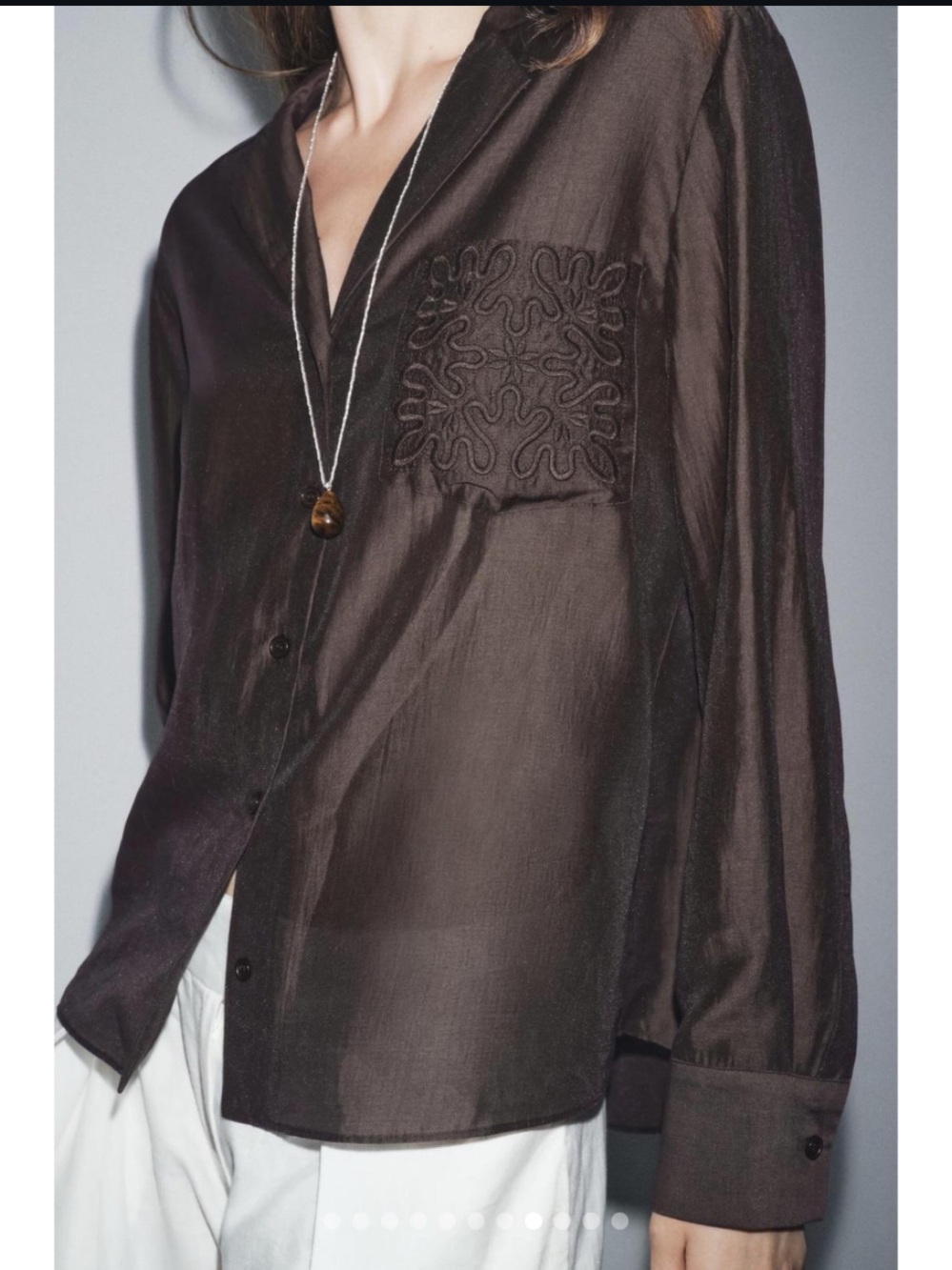 Zara ZW Collection Brown Pocket Embroidered Pocket Button-Down Shirt Size XS NWT